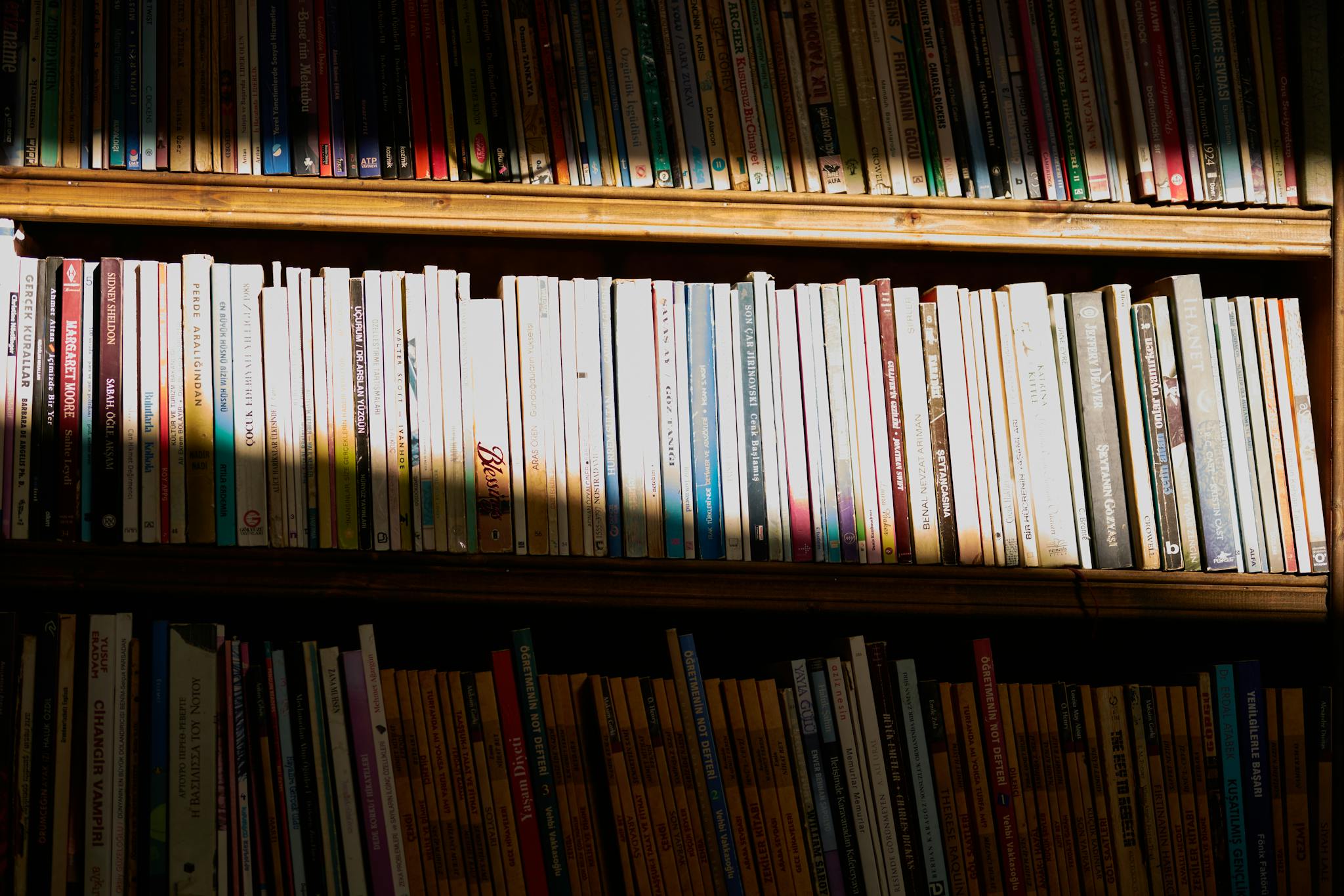 A library bookshelf bathed in sunlight casting shadows on rows of books.